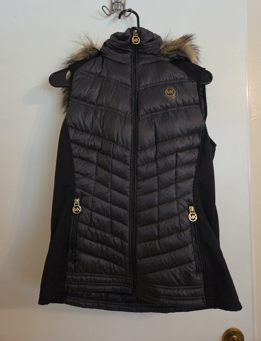Michael Kors Black Quilted Hooded Vest with Faux-Fur Trim and Gold Accents